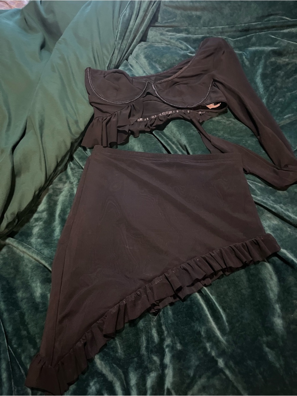 Black Ruffle Asymmetric Mini Skirt set